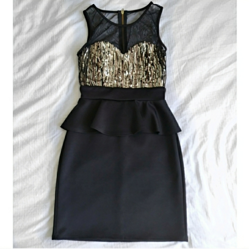 Black Gold Sequin Mesh Formal Party Mini Dress